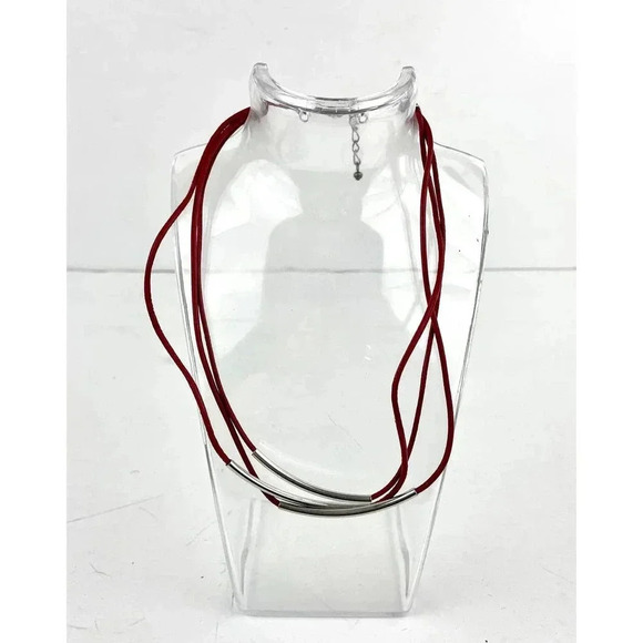 Dark Red Layered Leather Strands Necklace With Metal Accent 15" Layered - Picture 6 of 6